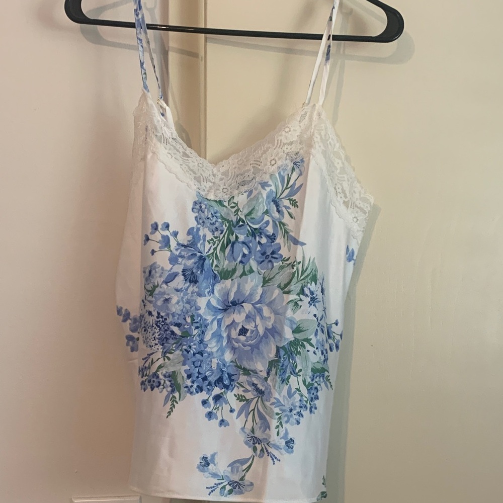 Flora Nikrooz White Floral Lace Trim Satin Cami - Blue Print